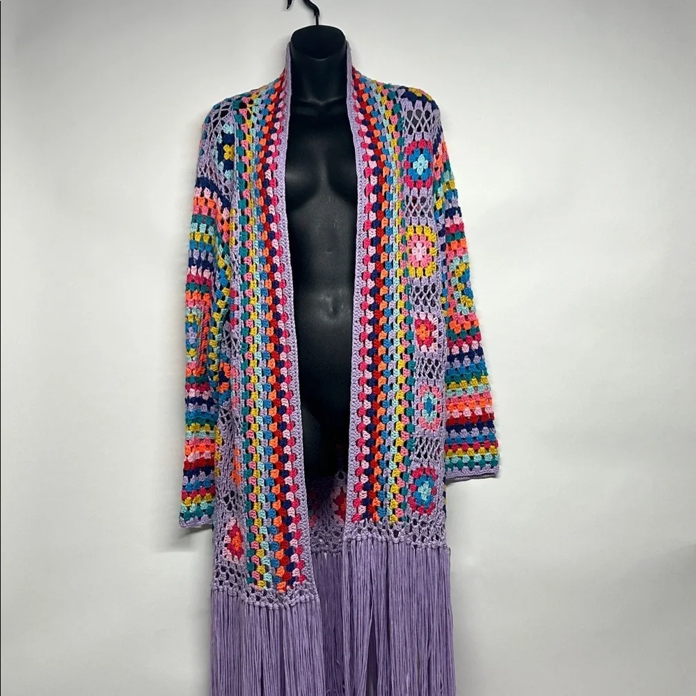 Colorful Crochet cardigan small, long fringe, granny, squares, festival
